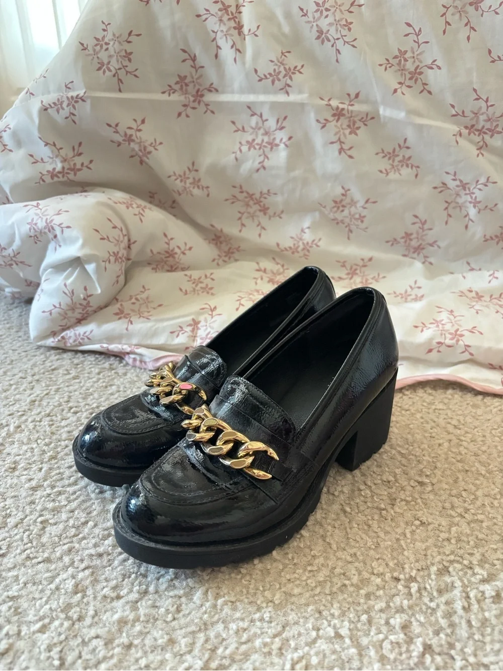 Limelight Black Patent Chunky-Heel Loafers with Gold Chain